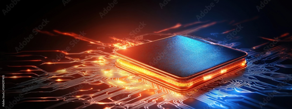 Poster futuristic microprocessor with glowing circuit board technology