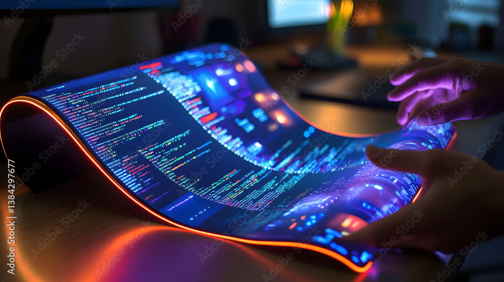 Poster hands interact with a futuristic, flexible screen displaying lines of code. vibrant neon lights illu