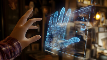 A hand reaches out to touch a holographic projection of a hand on a screen, filled with digital code. Futuristic technology concept.