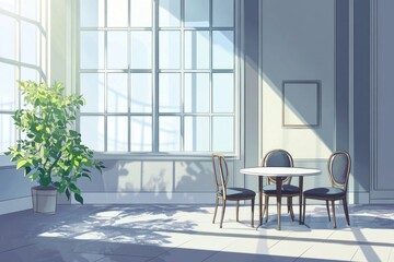 Sunlit dining room with table, chairs, plant, and large window.