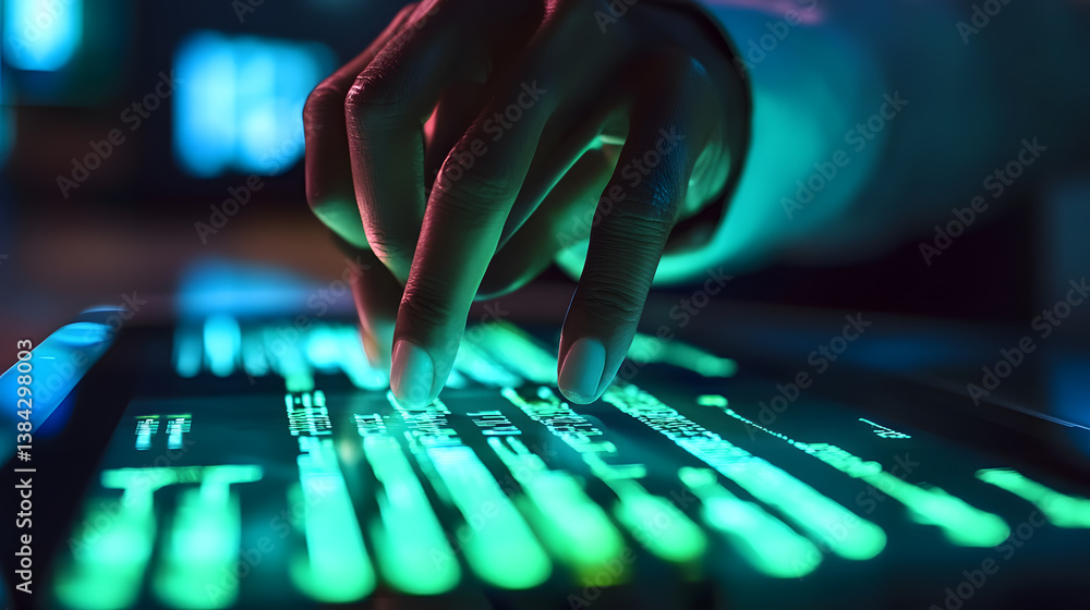 Poster close-up of fingers typing code on a tablet at night. glowing teal screen displays lines of programm