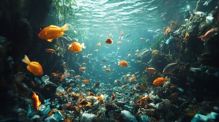 Naklejka premium Plastic oceans with robotic fish swimming through waste, blend of technology and pollution, bold environmental concept, cinematic lighting, detailed generative AI rendering