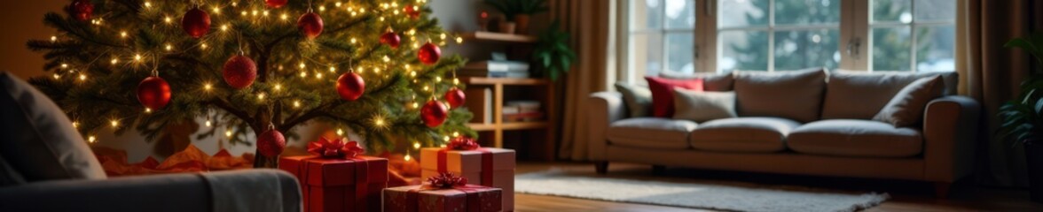 Obraz premium Christmas tree in a cozy living room with presents and ornaments, festive decor, gift wrapping table