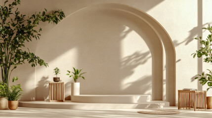 Fototapeta premium Minimalist Beige Room Interior with Plants and Display Podium.