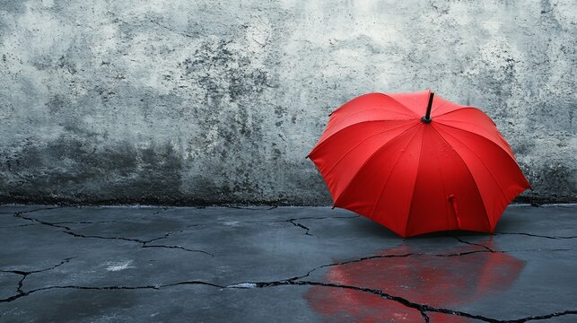 Red umbrella, urban wall, wet ground, cracked pavement, protection concept