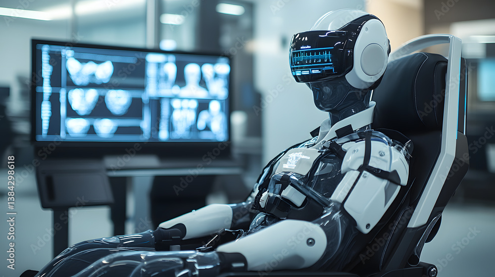 Poster a futuristic robot, wearing a vr headset, sits in a sleek chair in front of a large monitor displayi