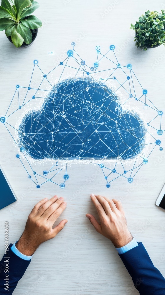 Poster hands on table with cloud network concept and connections visuals