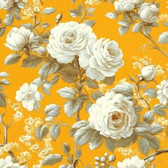Elegant Floral Pattern with Roses and Leaves on Bright Yellow Background