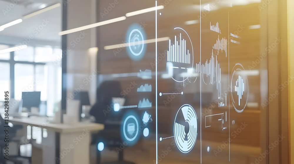 Poster abstract image of a modern office with a futuristic glass wall displaying interactive data visualiza
