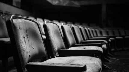 Rows of old seats fill an empty auditorium space
