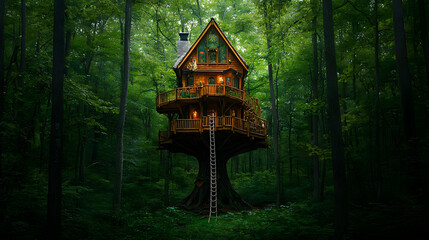 Pixilated Treehouse Cabin In Lush Green Forest