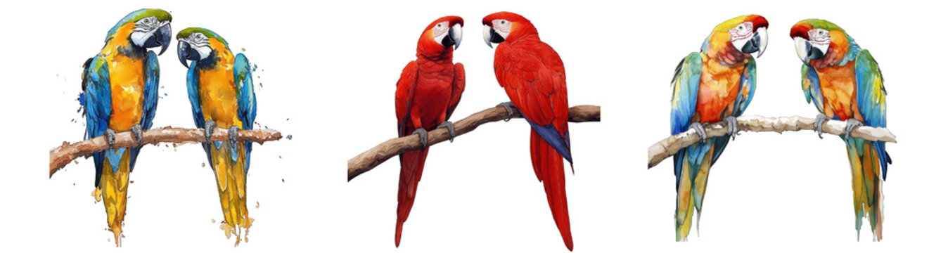 Collection of PNG. Watercolor Painting of a Pair of Macow, isolated on a transparency background.