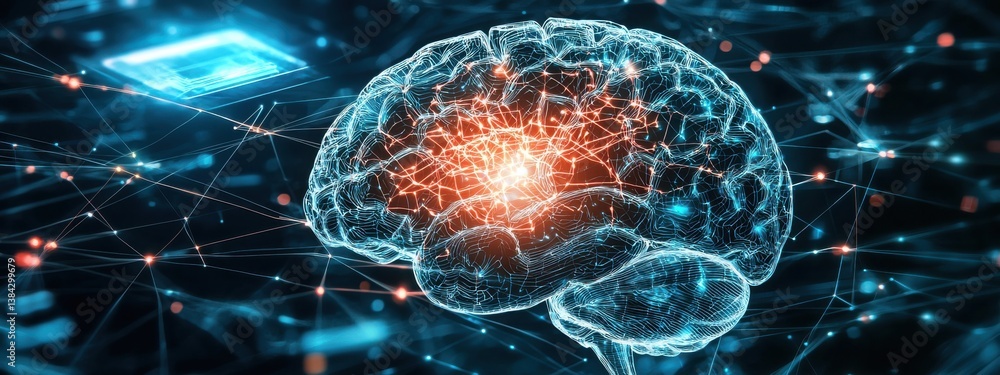 Poster futuristic digital brain representation with glowing neural connections