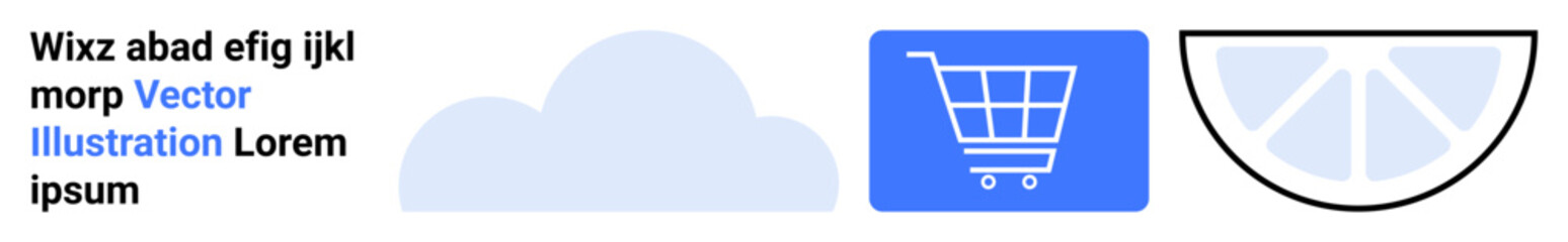Cloud, shopping cart, and segmented fruit slice elements. Ideal for technology, online shopping, agriculture, data storage, e-commerce, grocery simple landing page