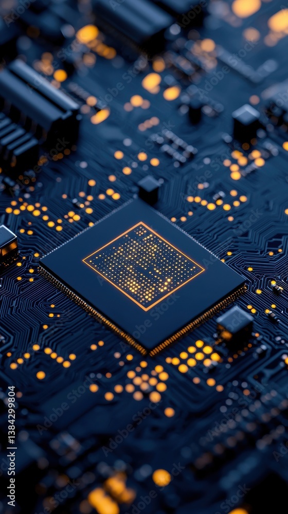 Poster close-up view of computer chip on circuit board with lights