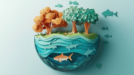 Earth Day Celebration: A Paper - Crafted Globe Scene with Underwater and Terrestrial Elements, Showcasing Environmental Diversity