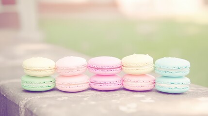 Obraz premium Colorful macarons arranged in a row on stone
