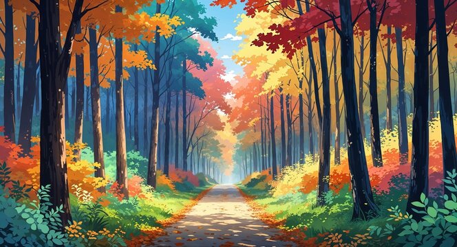 Forest path lined with tall trees and colorful fall foliage anime cartoon style illustration artwork design background
