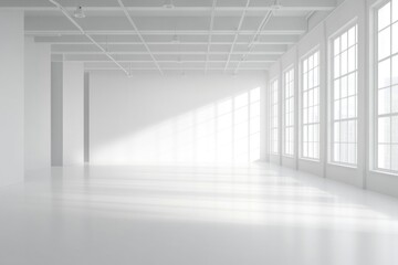 Sunlit empty white room with large windows and high ceiling.