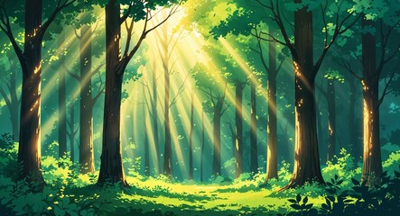 Green forest with tall trees and sunlight streaming through the leaves anime cartoon style illustration artwork design background