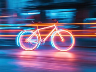 Fototapeta premium Neon bicycle in motion in an urban setting with copy space on the left