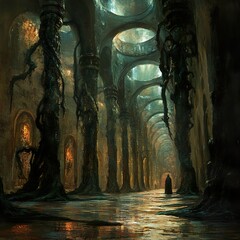 Fototapeta premium Dark Hallway in Ancient Ruins: A Surreal Journey