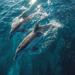 Fototapeta premium A playful dolphin pod swimming in the open sea, with turquoise waters below