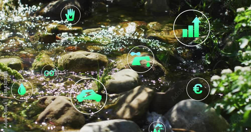 Poster flowing stream with environmental icons and data processing animation over rocks