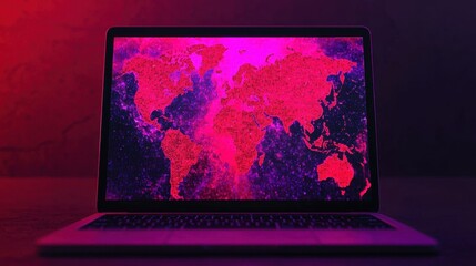 Digital World Map with Neon Colors on Laptop Screen Background