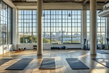 Sunlit gym with city view, yoga mats, equipment.