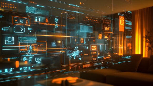 Futuristic holographic display showcasing complex data streams, world map, and various digital icons.  Orange and teal hues illuminate a modern living room setting.