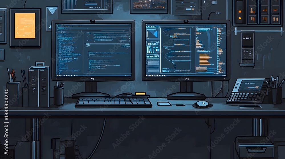 Poster dark, minimalist programmer's workspace with dual monitors displaying code, keyboard, mouse, and off