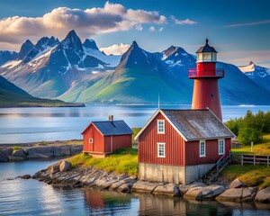 Lyngstuva lighthouse and red wooden cabin in northern Norway sea and mountains landscape of the Lyngen Peninsula, Scandinavian landmark beautiful travel destinations