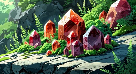 Richly colored bloodstone crystals found among green moss on a rock surface anime cartoon style illustration artwork design background