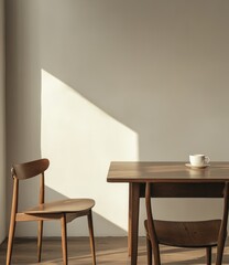 Simple, minimalist dining area bathed in sunlight