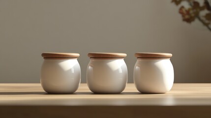White Jars, Wooden Lids, Table, Sunlight, Home Decor