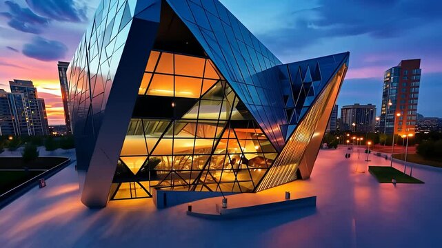 Modern Architectural Building with Glass Facade and Dramatic Sunset Lighting

