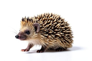 Fototapeta premium A single brown hedgehog against a stark white backdrop, showing its spines clearly, macro, animal portrait
