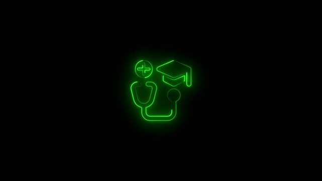 Glowing neon line Stethoscope medical instrument icon with graduate icon animation on a dark background.