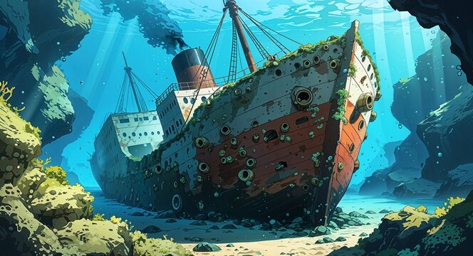 The wreck of an old ship partially submerged and covered in barnacles underwater anime cartoon style illustration artwork design background