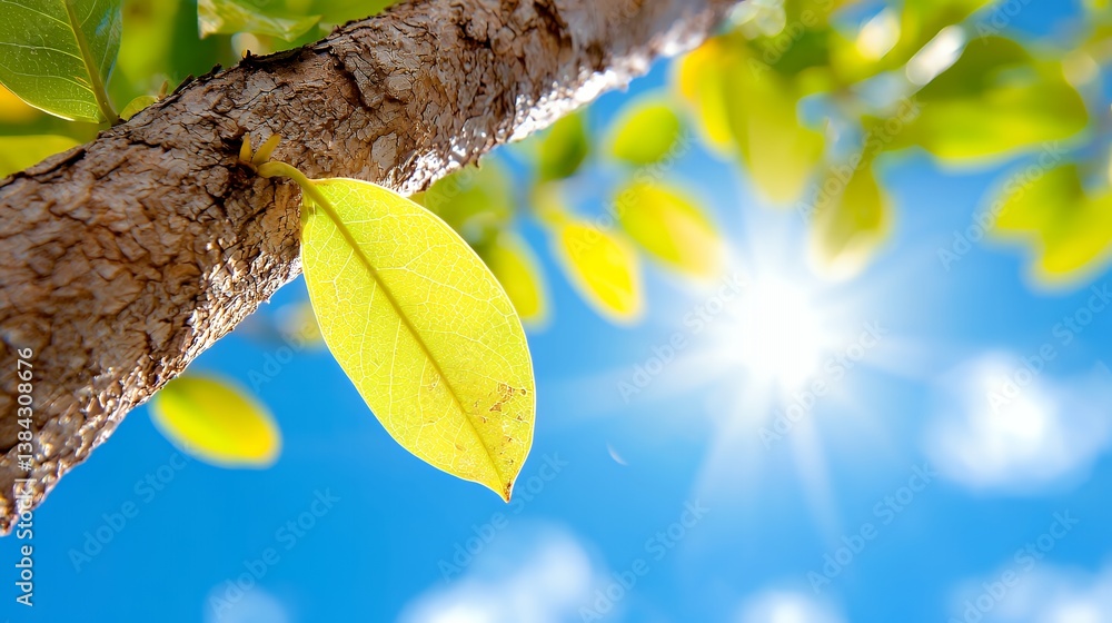 Wall mural captivating sunlight and leaf a close up view of a tree branch with a vibrant green leaf bathed in t