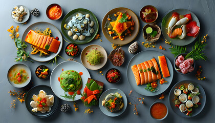 Gourmet seafood feast coastal restaurant culinary art vibrant atmosphere aerial view gastronomic delight