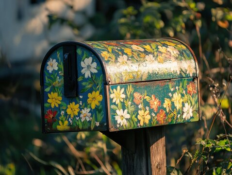 Painted mailbox with flowers and morning sunlight - Powered by Adobe
