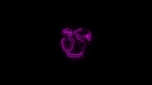 Glowing neon line Stethoscope medical instrument icon with graduate icon animation on a dark background.