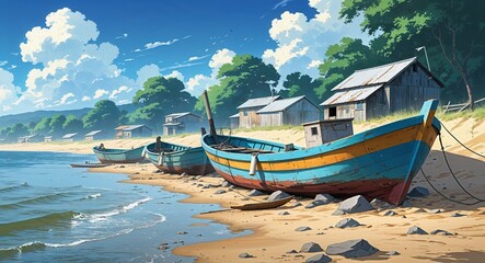Obraz premium Weathered fishing boats on a sandy riverbank anime cartoon style illustration artwork design background