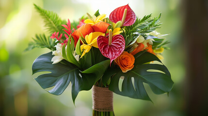 Close-up of a tropical wedding bouquet, with bright anthuriums, birds of paradise, and monstera leaves wrapped in twine