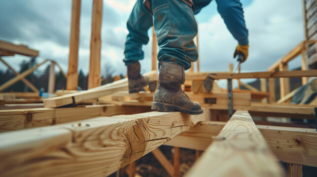 Carpenters building the wooden frame of a house, measuring and cutting timber with precision, construction site. stock image, hd quality, natural look, blog post.