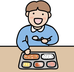 점심시간 급식 먹는 아이