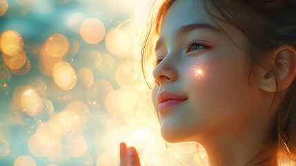 Fototapeta premium illustration, technology, glow, lovely mother applying sunscreen on cute little girl on cheeks,stock photo
