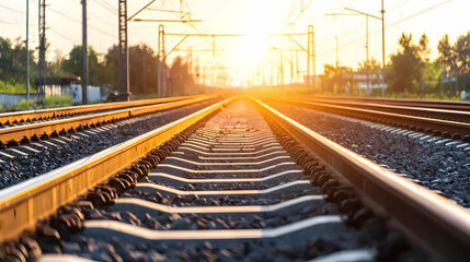 Obraz premium Railroad Tracks Perspective At Sunset